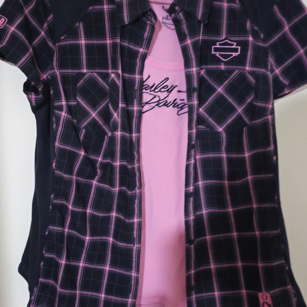 Harley-Davidson Women's Black and Pink Plaid Shirt